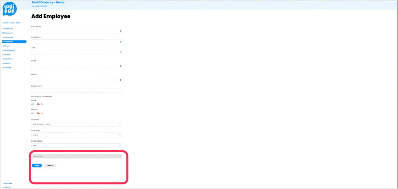 Add Employee form with the System Role / Company Role fields and Save button ringed