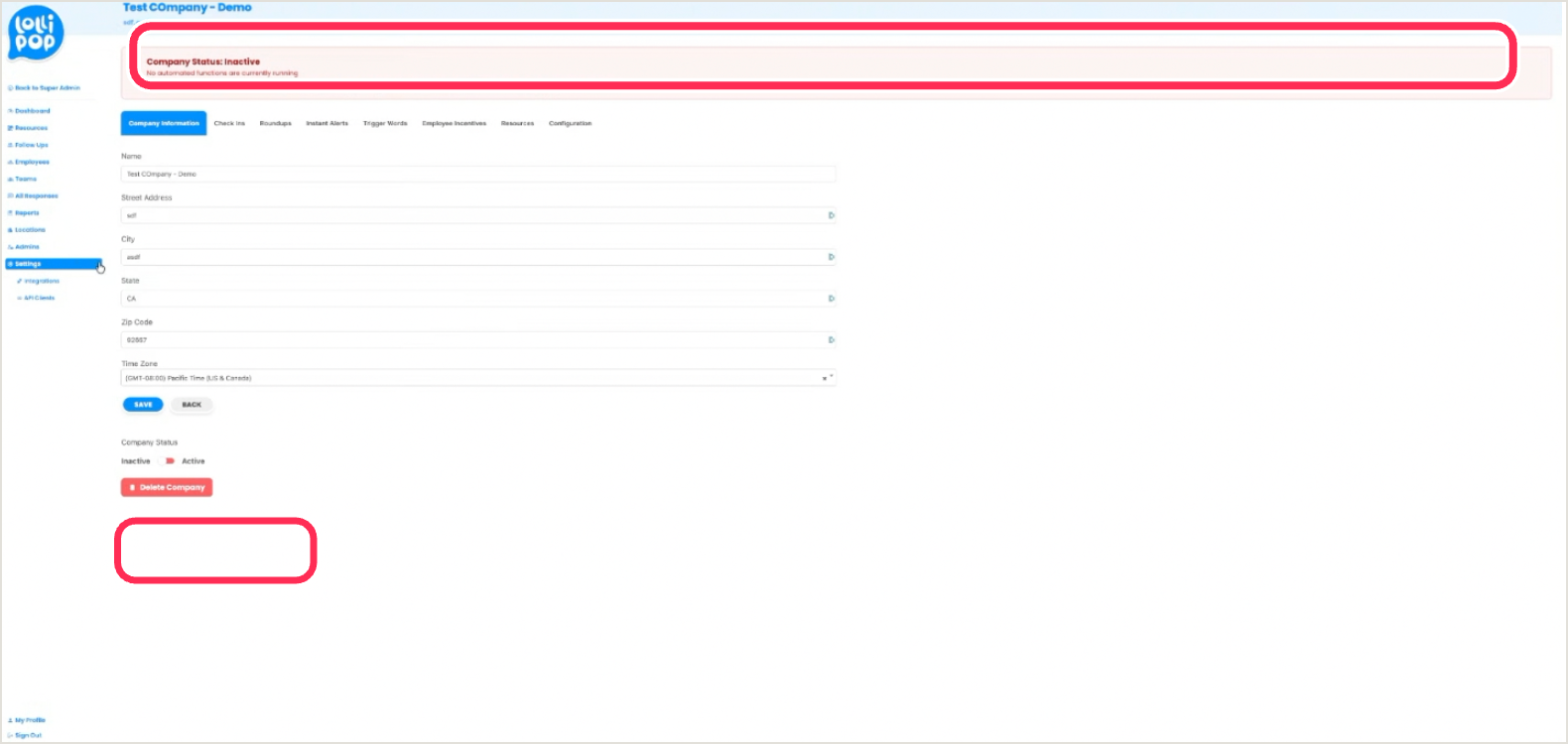 Company Information settings with the Company Status: Inactive banner and the Inactive/Active toggle ringed