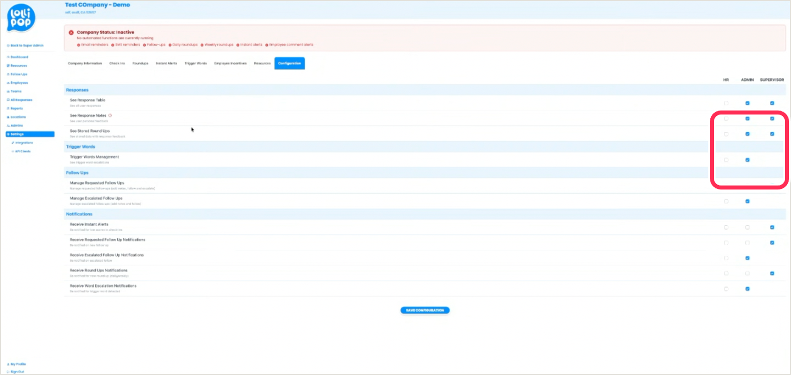 Configuration permissions matrix with the HR / Admin / Supervisor columns ringed