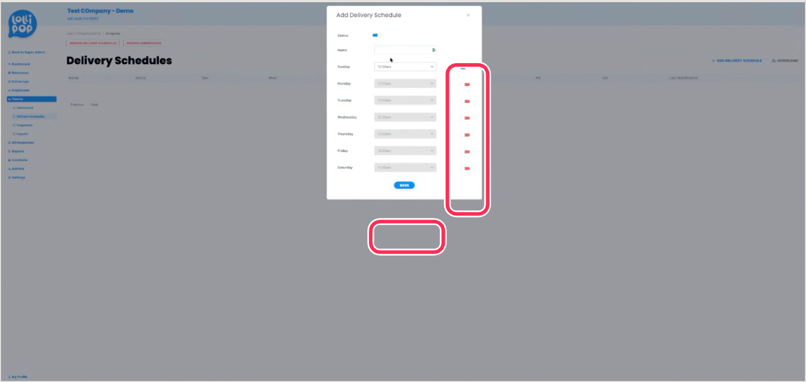 Add Delivery Schedule modal with the per-day toggles and Save button ringed