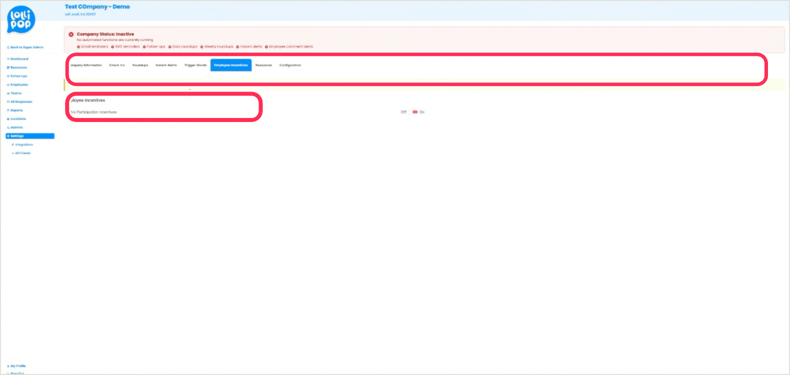 Employee Incentives tab with the no-fulfillment disclaimer and the Enable toggle ringed