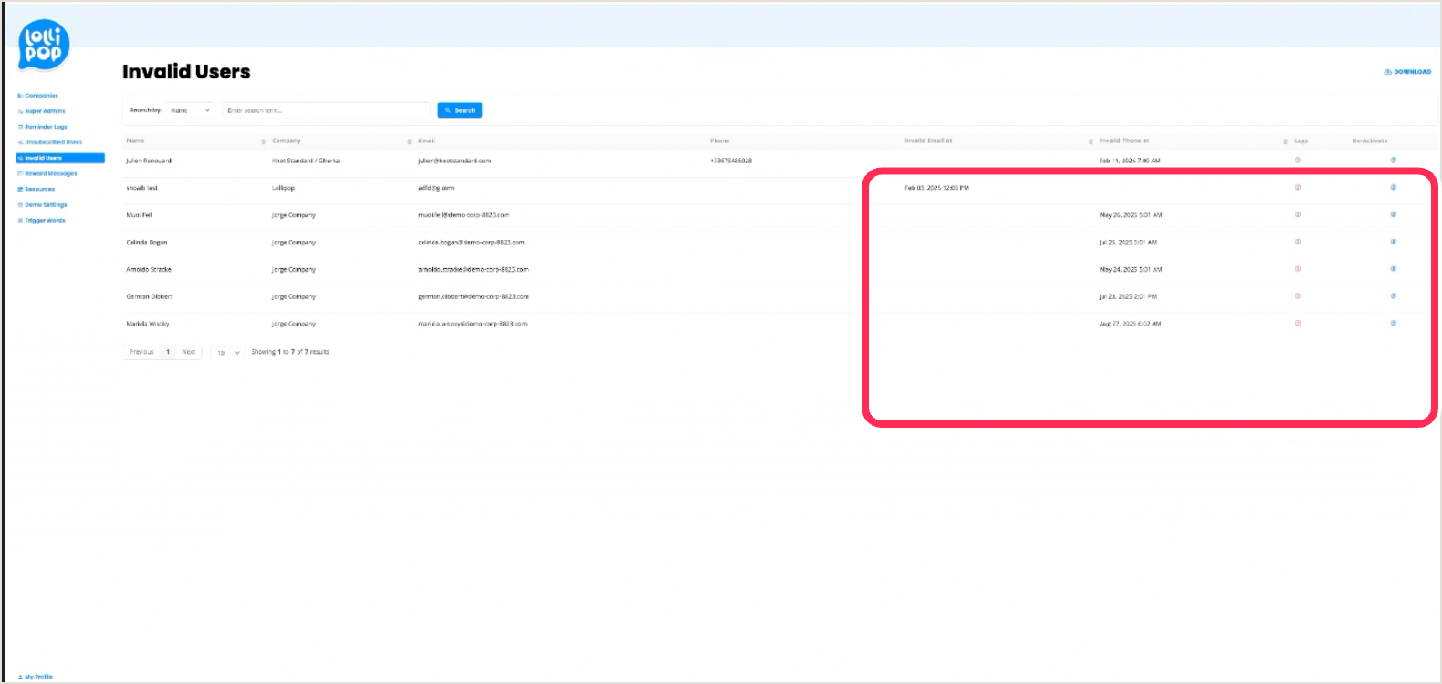 Invalid Users list with the Invalid-at and Re-Activate columns ringed