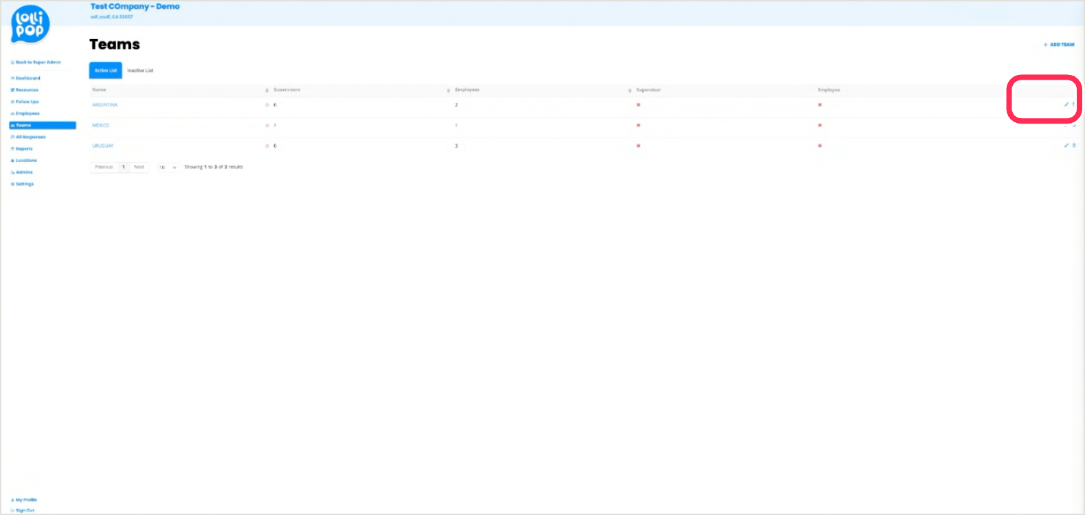 Teams list with the Add Team button ringed