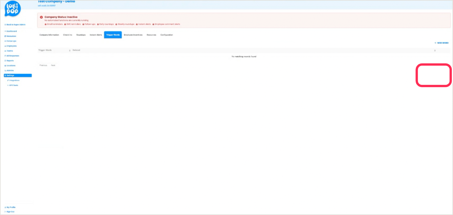 Trigger Words tab with the New Word button ringed
