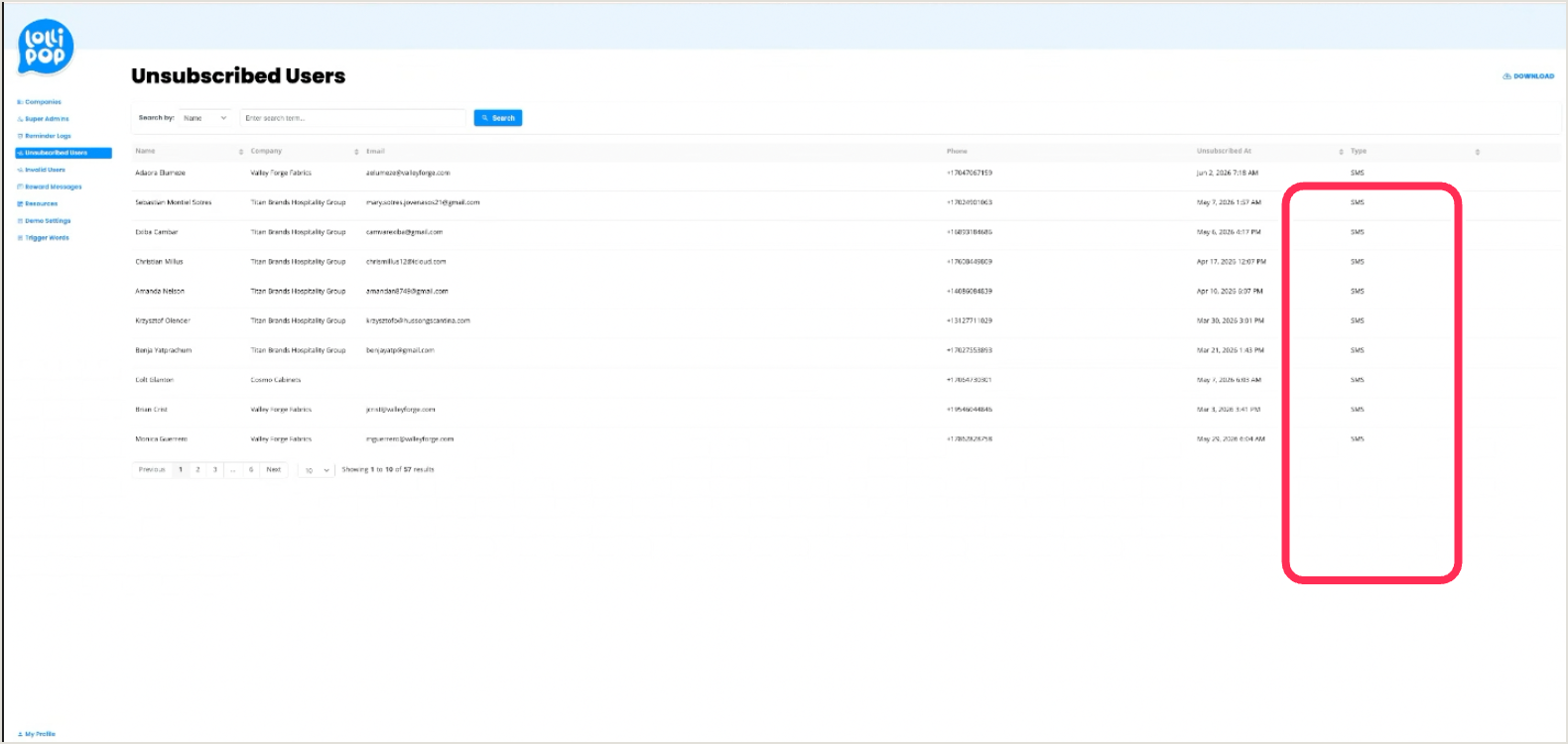 Unsubscribed Users list with the Type (SMS) column ringed