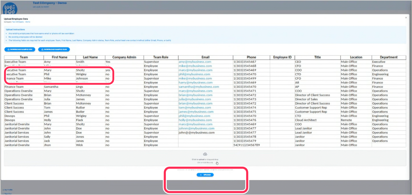 Upload Employee Data modal with Download Sample and the Upload button ringed