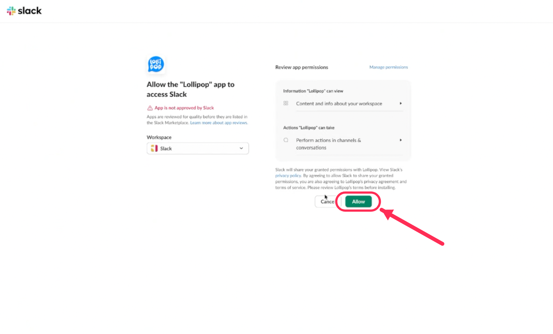 Slack app-permission screen with the Allow button highlighted