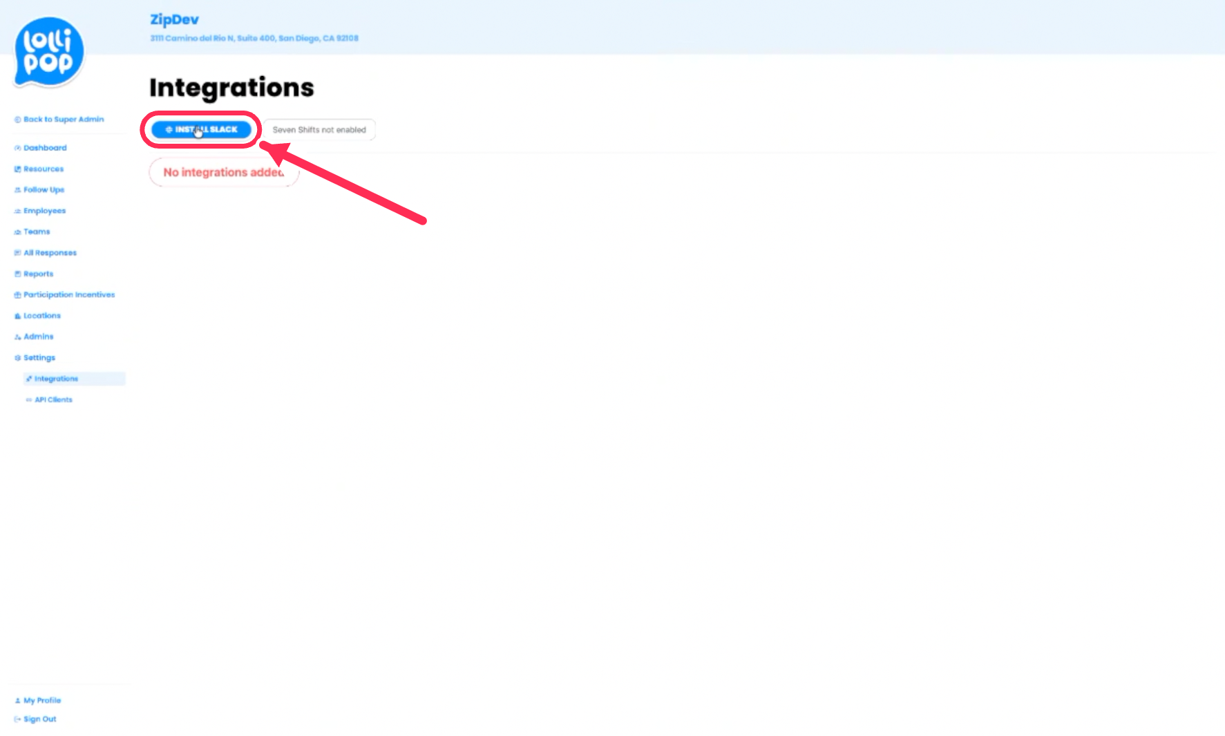 Lollipop admin Integrations page with the Install Slack button highlighted
